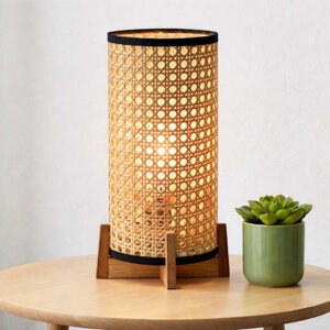 Bohemian Rattan Cylinder Table Lamp with Wooden Base – Natural Cane Weave Bedside Light (E27 Fitting)