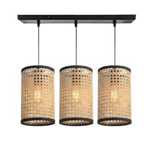 Woodooz 3-Light Rattan Linear Pendant Lamp - Natural Cane Texture Hanging Light for Home Decor