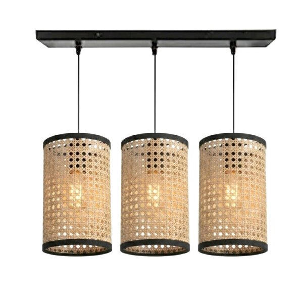 Woodooz 3-Light Rattan Linear Pendant Lamp - Natural Cane Texture Hanging Light for Home Decor