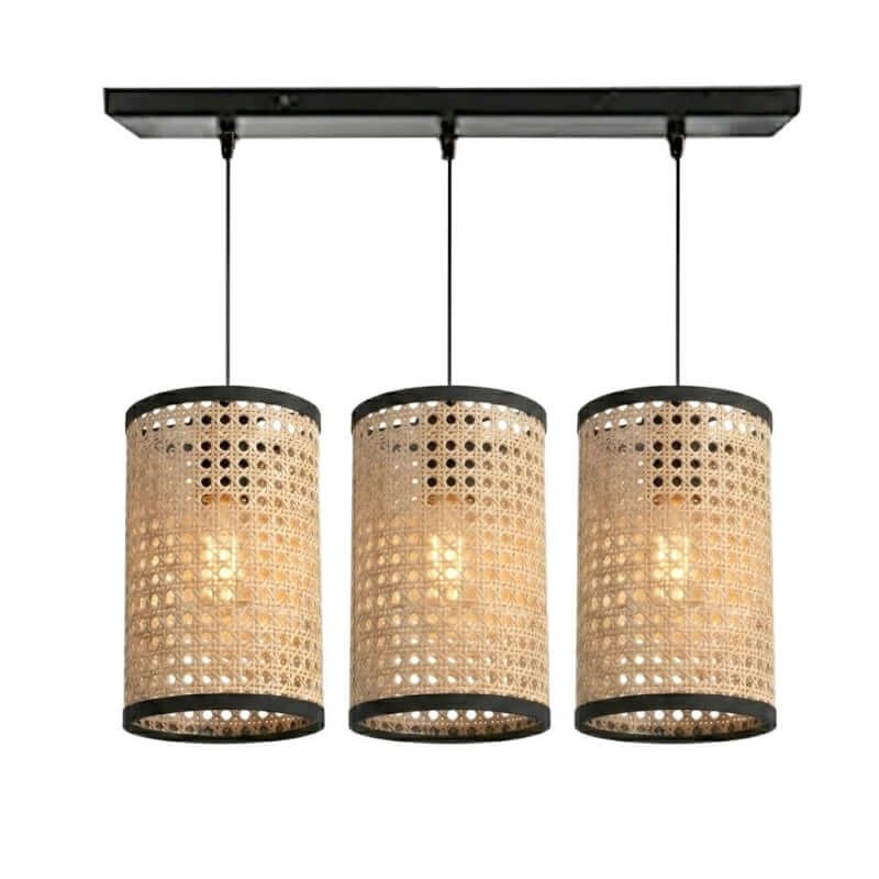 Woodooz 3-Light Rattan Linear Pendant Lamp - Natural Cane Texture Hanging Light for Home Decor
