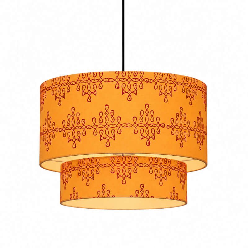Dual Layer Kolam Print Hanging Lamp Shade | Hand Printed Fabric Pendant Light | Decorative Ceiling Lamp for Living Room, Bedroom & Dining Room