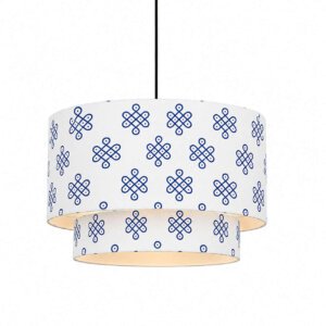 Handcrafted Dual-Layer Fabric Pendant Lamp - Traditional Blue Kolam Print Hanging Light for Living Room, Bedroom & Dining