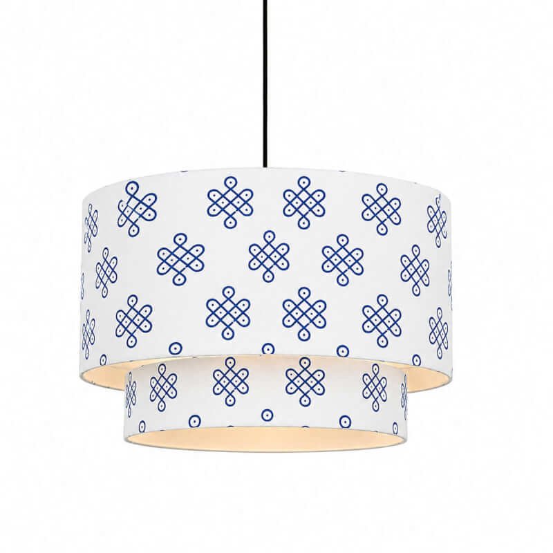 Handcrafted Dual-Layer Fabric Pendant Lamp - Traditional Blue Kolam Print Hanging Light for Living Room, Bedroom & Dining