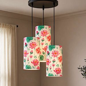 Lotus Print 3 Light Cluster Hanging Lamp | Decorative Fabric Pendant Ceiling Light for Living Room, Bedroom & Dining Room