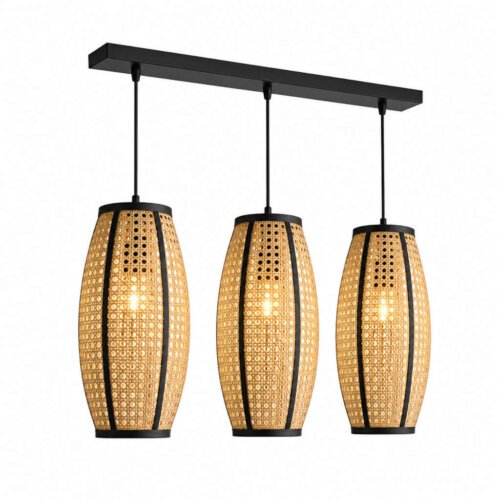 Handwoven Cane Cluster Pendant Light – 3-Light Natural Rattan Ceiling Lamp