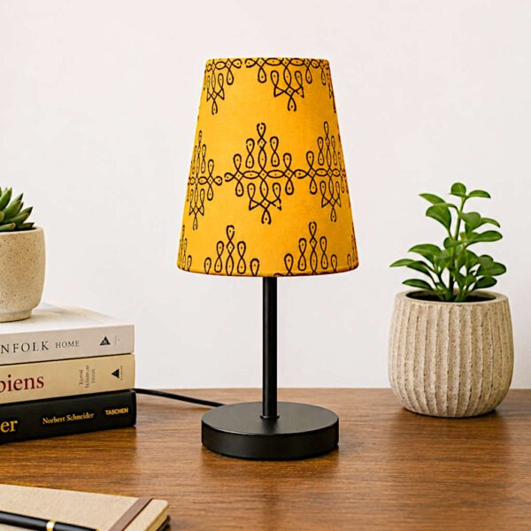 Printed Cone Kids Room Table Lamp with Yellow Fabric Shade | E27 Bedside Desk Lamp with Metal Base & Bed Switch | 12 Inch Decorative Night Lamp