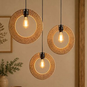 Rustic Jute Twine Ring Hanging Lamps (Set of 3) – 14" Modern Earthy Ceiling Pendant Lights for Home & Café