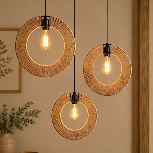Rustic Jute Twine Ring Hanging Lamps (Set of 3) – 14" Modern Earthy Ceiling Pendant Lights for Home & Café