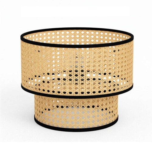 Natural Cane / Rattan 2-Tier Woven Table Lampshade with Black Trim (E27/E14 Compatible)