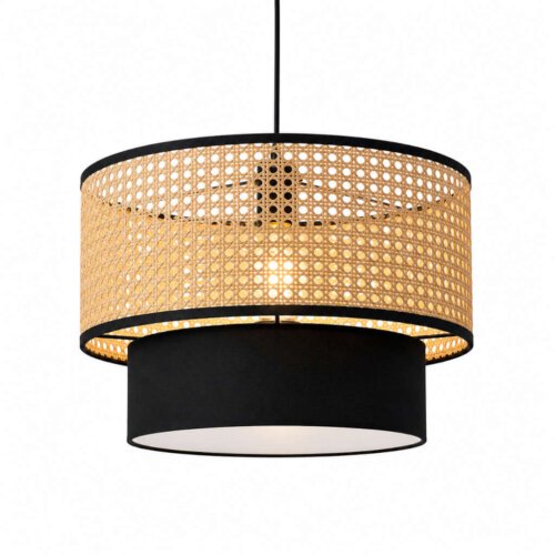 Handcrafted Two-Tier Rattan and Black Fabric Pendant Light, Multi-Size
