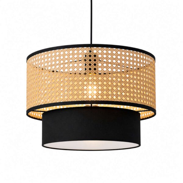 Handcrafted Two-Tier Rattan and Black Fabric Pendant Light, Multi-Size
