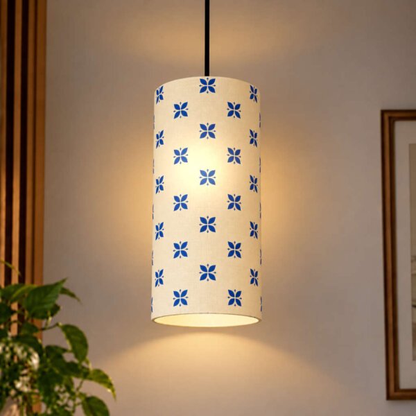 Hand Block Printed Hanging Lamp | Cream & Blue Cylinder Pendant Light